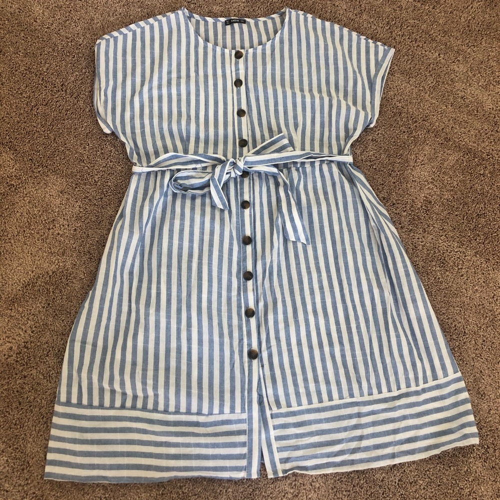 Plus size button front belted striped dress